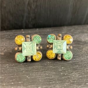Ciro earrings green yellow rhinestones vintage studs 1/4” no backs brass tone